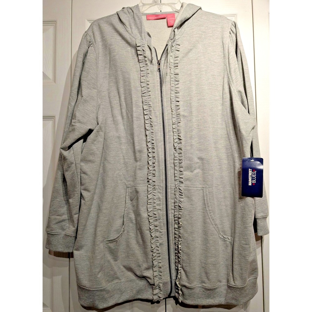 Woman Within Hoodie Women 1X Gray Ruffle Full Zip Tunic Sweatshirt Pockets NWT